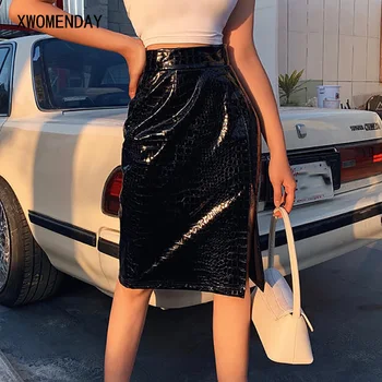 

Shine Polishing Black leather skirts womens Office Elegant Crocodile Pattern Fashion Female Bottoms 2020 Slit Pencil Mini Skirt