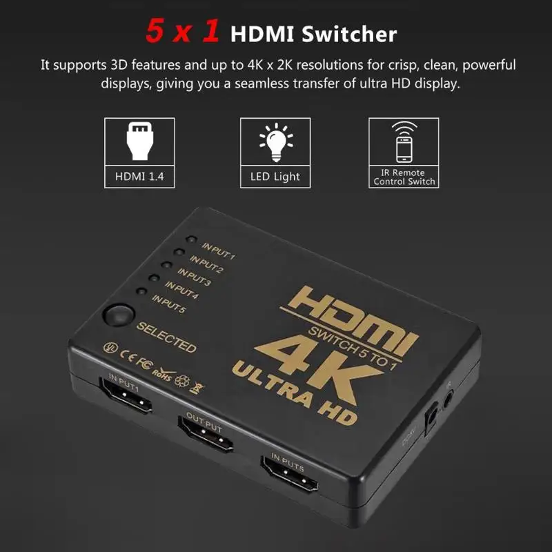 Мини-Коммутатор HDMI 4K HD 1080P 5 портовый разветвитель с ИК-пультом дистанционного управления для DVD автоматического пропуска отключенных источников сигнала