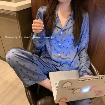 

2020 New Korean Style Loose Casual Comfortable Long-sleeved Pajamas Pajamas Wear Pyjama Bottoms Women's 2pcs Set Full Print