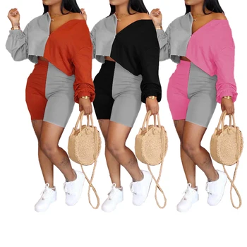 

Sexy Women Set Long Sleeve Zipper Up Crop Top High Waist Elastic Band Short Pants Set For Workout Clothes Plus Size Tracksuit
