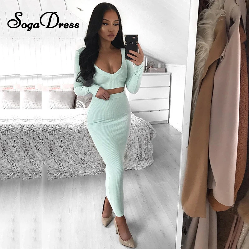 

SOGA DRESS Cotton Sexy V-Neck Long Sleeve Backless Crop Top High Waist Bodycon Pencil Maxi Skirt Women Autumn Solid 2 Piece Set