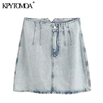 

KPYTOMOA Women 2020 Chic Fashion Faded-effect Denim Mini Skirt Vintage High Waist Zipper Fly Female Skirts Faldas Mujer