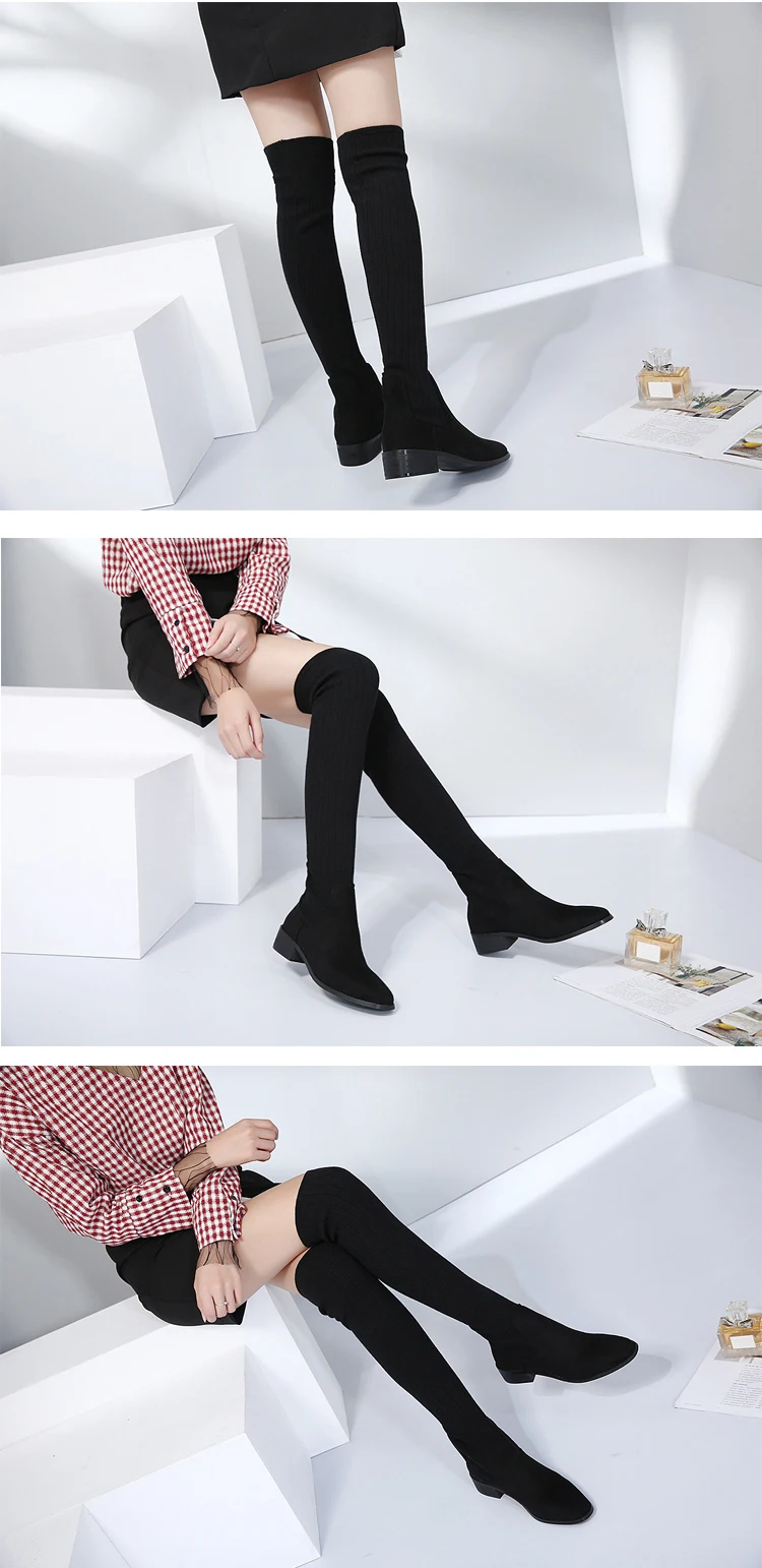 Eilyken/женские Сапоги выше колена из эластичной ткани; обувь на низком каблуке; женские пикантные мотоботы с квадратным носком; женские сапоги-носки