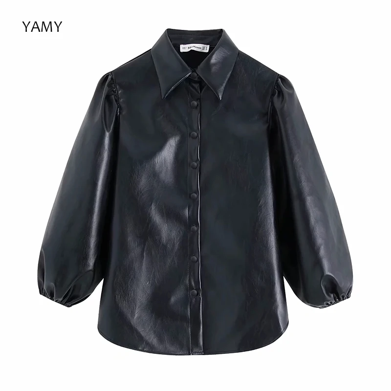  PU leather Women Blouse Shirts turn-down collar long sleeve faux leather black loose Shirt Women to