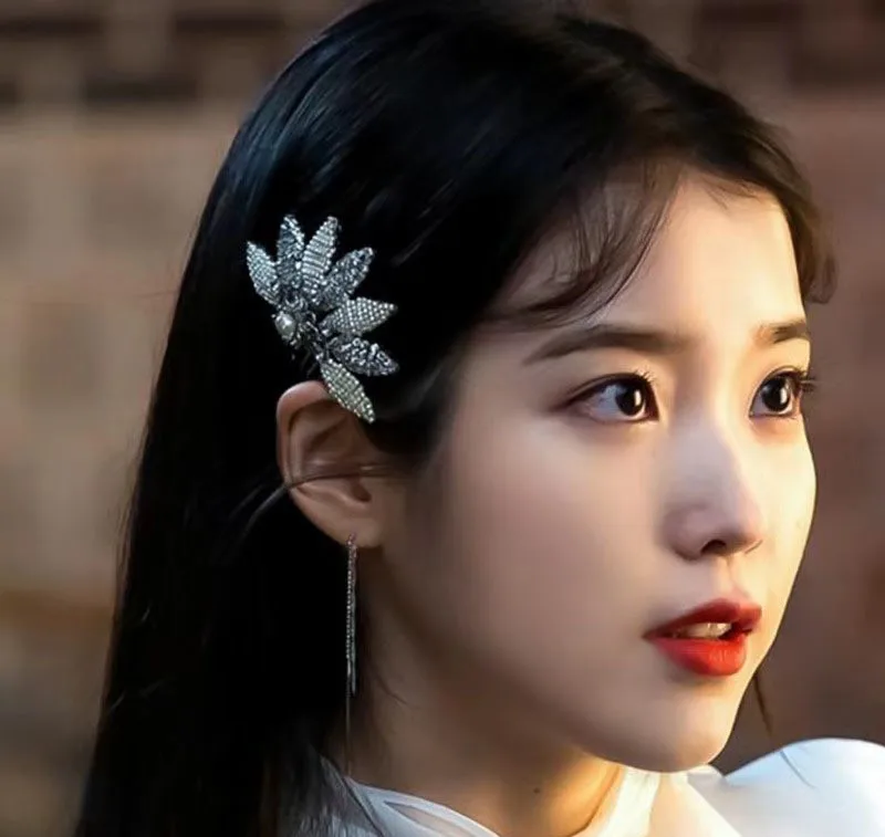 Корейская мода «Отель Делуна» IU женщины девушка лист шпилька для волос с горным хрусталем заколка для волос Ji Eun Lee ювелирные изделия