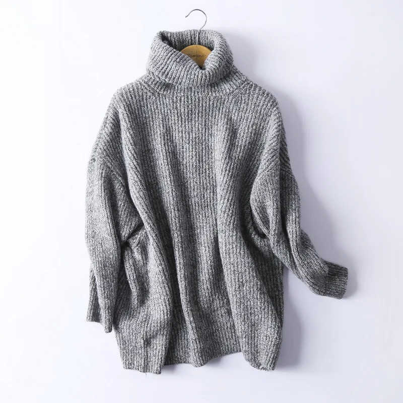 Женский вязаный свитер с высоким воротом большого размера, Женский Однотонный пуловер с воротником-хомутом, теплый, новинка