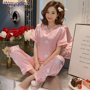 

Wmyqdlq Ice Silk Pajamas Women Spring And Summer V-Neck Short-Sleeved Trousers Silk Pyjama Loose Plus Size Pijama Suit Pyjamas