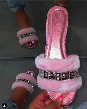 

2019 Women's Platform Winter Warm Sandals Crystal Bling Letter Slip-On Outside Slippers Cute Flat Slippers 9090