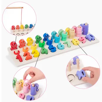 

2019 New Wooden Digital Computing Building Child Shape Matching Cognitive Three-in-one Wooden Fishing Log Board Puzzle Toys
