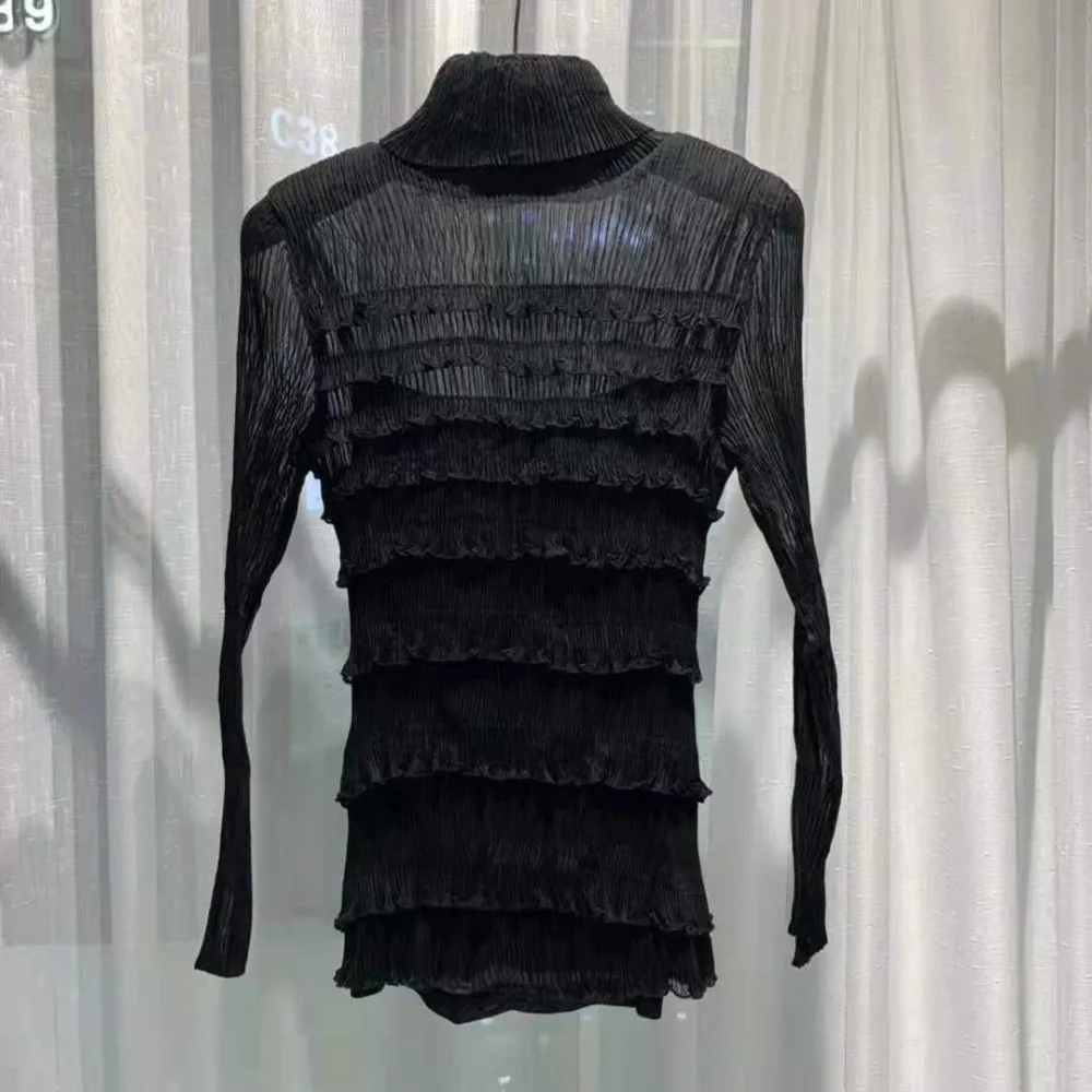 Горячая Miyake fold длинный рукав ремонт водолазка Твердые оборки тонкая футболка