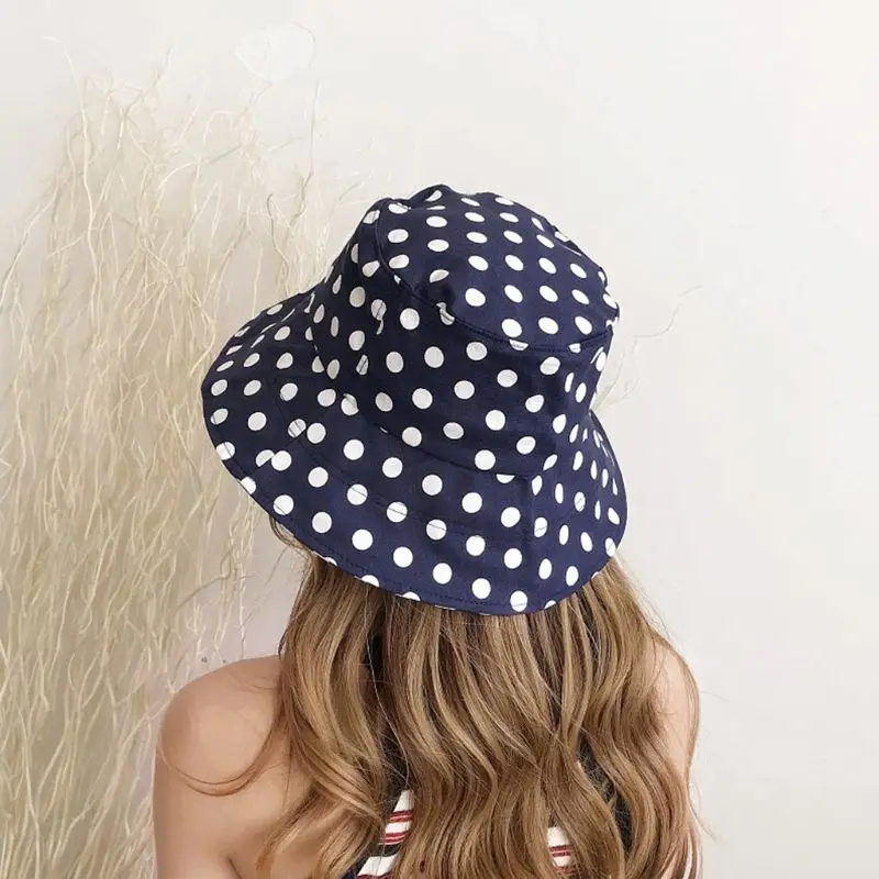 

Women Men Couples Large Polka Dot Print Bucket Hat Wide Brim Sun Protection Outdoor Flat Top Packable Cotton Fisherman Cap
