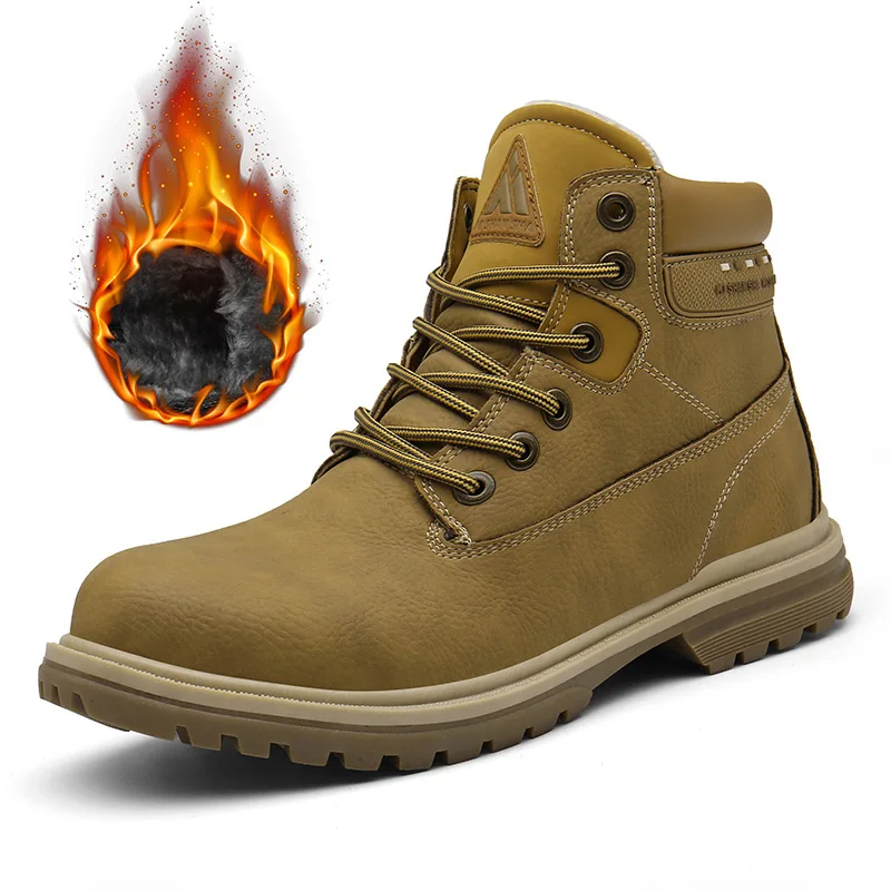 Кожаные зимние ботинки мужская походная обувь уличная хлопчатобумажная обувь горные кроссовки противоскользящие зимние высокие ботинки плюшевая спортивная обувь - Цвет: Оранжевый