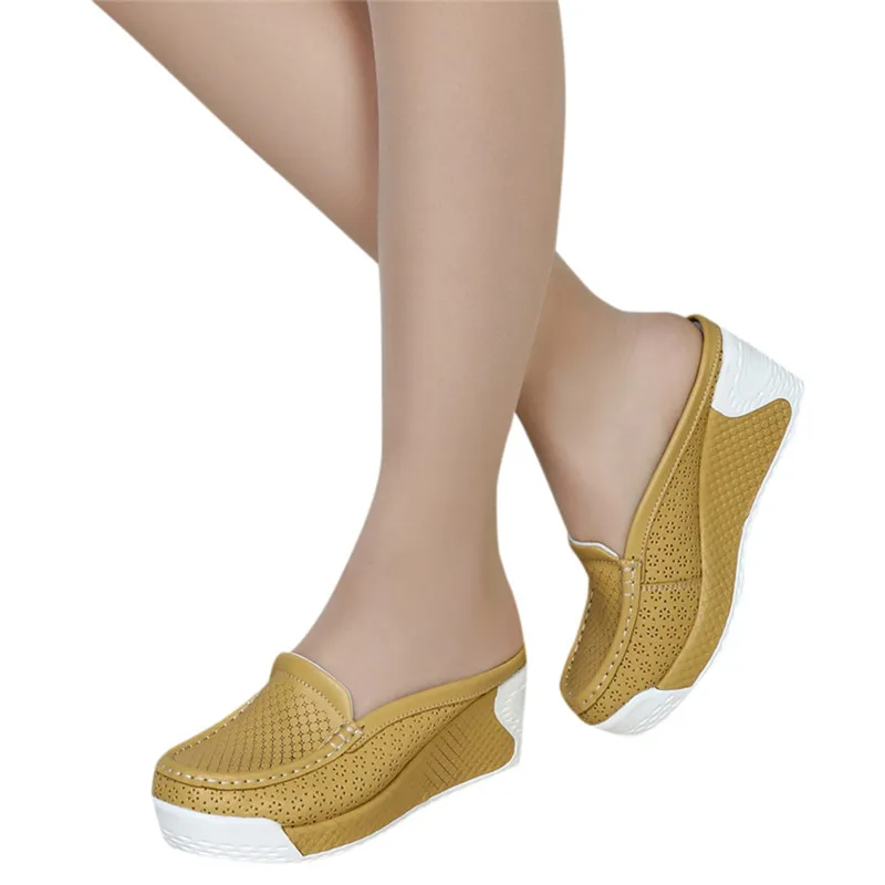 New Style Genuine Leather 12cm Heel Height Increasing Hollowed Slip On Women Thick Platform Wedges High Heel Slippers V6
