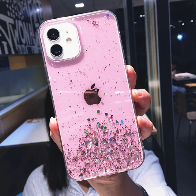 Luxury Glitter Star Sequins Bling Clear Phone Case For iPhone 13 Pro Max 12 Mini 11 XS XR X 7 8 Plus Transparent Soft Back Cover pink
