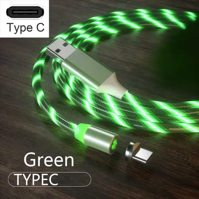 3 In1 Magnetic Current Luminous Lighting Charging Mobile Phone Cable Cle Usb C Cable LED Micro USB Type C for Iphone Huawei P50 For Type-C Green