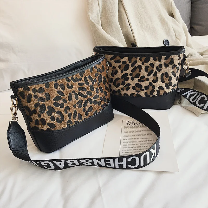 

Europe And America Style Leopord Pattern Bucket Bag Lettered Wide-Strap Hobo Bag Shoulder Diagonal WOMEN'S Bag