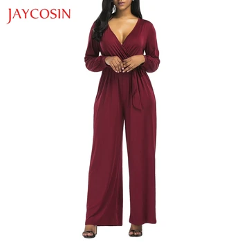 

JAYCOSIN rompers womens jumpsuit Deep V Tunic Wide-legged Straight Type overalls bodysuit women Loose Stretch playsuit plus size