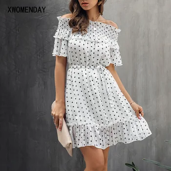 

White Dress Elegant Summer Off The Shoulder Women Sexy Backless Strapless Polka-dot Ruffle Sundresses Black Fitted Clothing 2020