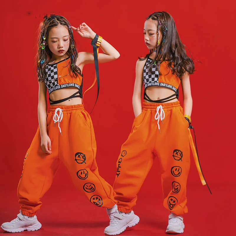 Children Jazz Dance Costumes For Girls Orange Vest Hiphop Pants Outfits Modern Dance Hip Hop Clothes Street Wear DQS6836