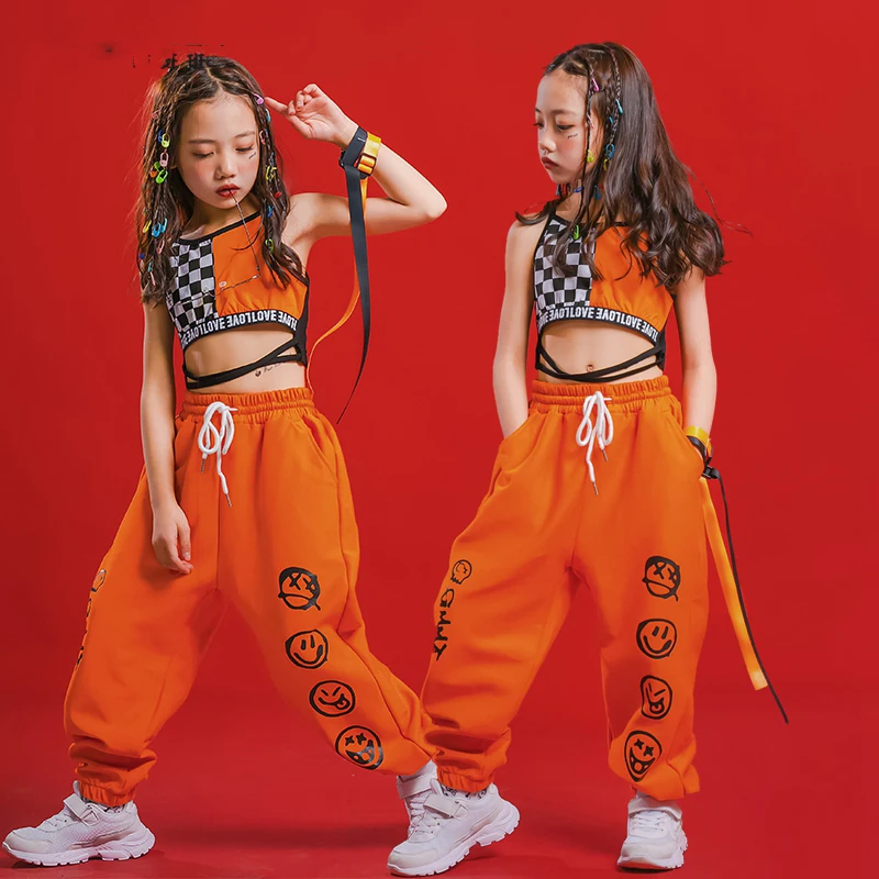Children Jazz Dance Costumes For Girls Orange Vest Hiphop Pants Outfits  Modern Dance Hip Hop Clothes Street Dance Wear DQS6836