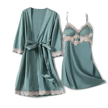 

Sexy Women Lace Nighty&robe Set Casual Kimono Bathrobe Gown Silky Satin Nightdress Sleepwear 2pcs Homewear Solid Wedding Robe