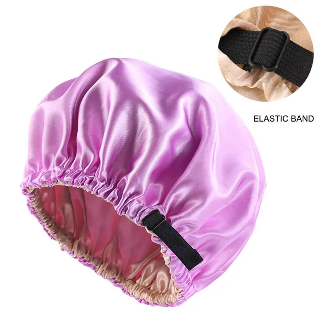 Wholesale Silky Satin Bonnet Hair Cap Double Layer Sleep Night Cap with Invisible Flat Adjusting Button Head Cover Bonnet Hat Light Purple