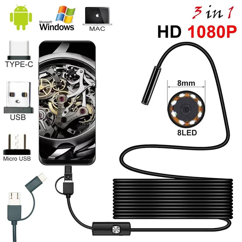 HD 1080P Cámara endoscopio USB tipo C Micro USB serpiente inspección Cámara boroscopio 8,0mm lente HD de 8 Leds para Android PC