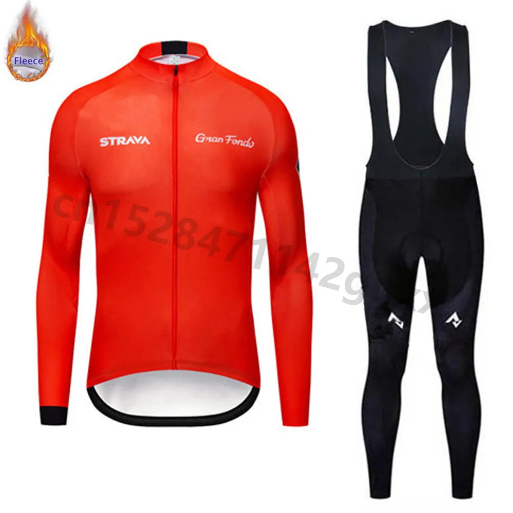 

STRAVA Red Winter Thermal Fleece Cycling Jersey 2019 pro team Long Sleeve Set Ropa Ciclismo Maillot triathlon Bicycle Clothing