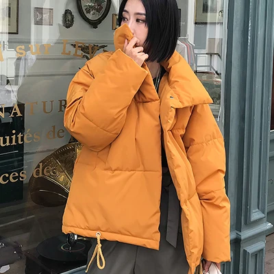 Yellow Однотонное короткое хлопковое пуховое пальто для женщин, зимние теплые плотные однобортные куртки для женщин размера плюс, корейские свободные куртки - Цвет: Yellow
