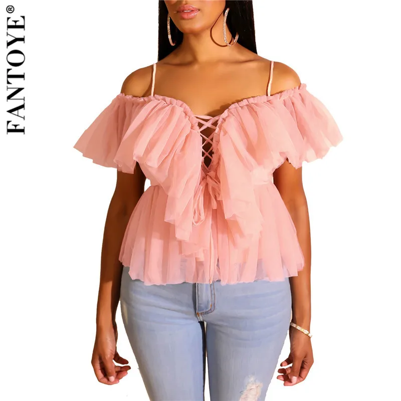 Fantoye, Женская майка с открытыми плечами, лето, новинка, открытая спина, сексуальные топы с баской для женщин, винтажный элегантный сетчатый топ с рюшами, футболки - Цвет: Розовый