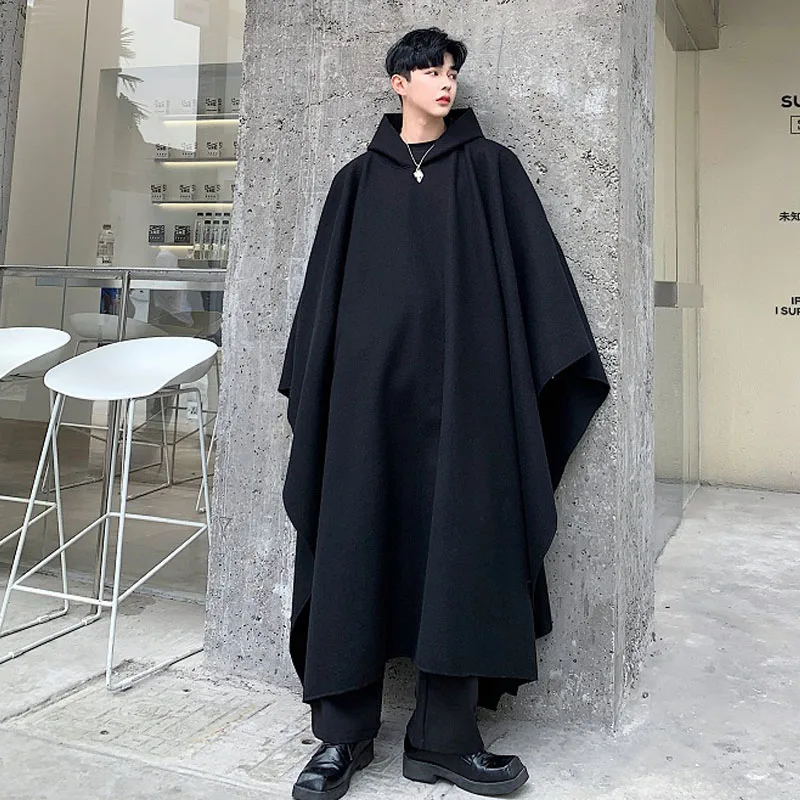 Men Japan Street Style Hooded Robe Cloak Trench Coat Outerwear Male Gothic Punk Fashion Show Pullover Long Jacket Overcoat