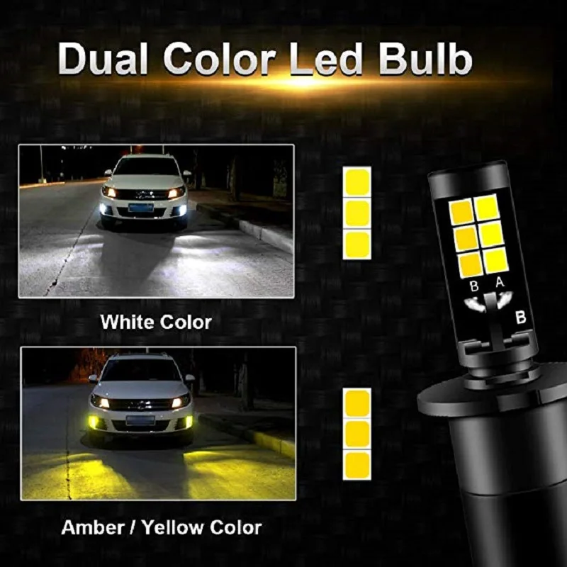 2pcs H3 Lamp LED Foglight High Bright Chip Driving Lamp 6000K 3000K White Amber Yellow Ice Blue Car Fog Light Bulbs Dual Color