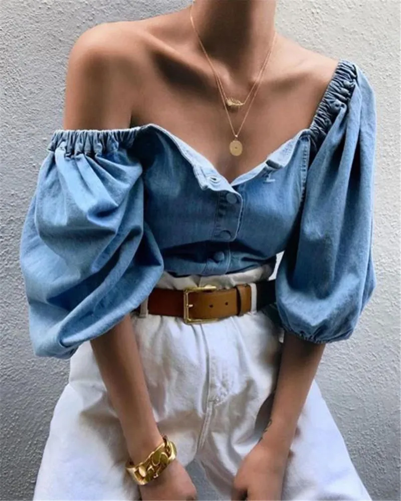 

Fashion Women's Ladies Vintage Denim Long Sleeve Shirt Loose Blouse Tops T-Shirt Lantern Sleeve Blouse t Shirt Ladies Tops New