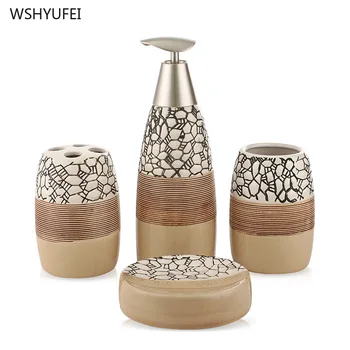 

4 sets of embossed lines ceramic bathroom set creative home non-slip design mouth cup soap dish soap bottle toothbrush holder