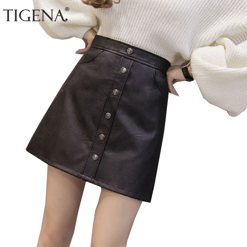 

TIGENA Black PU Leather Pencil Skirt Women Fashion 2019 Korean Kawaii School High Waist Mini Short Skirt Female with Button