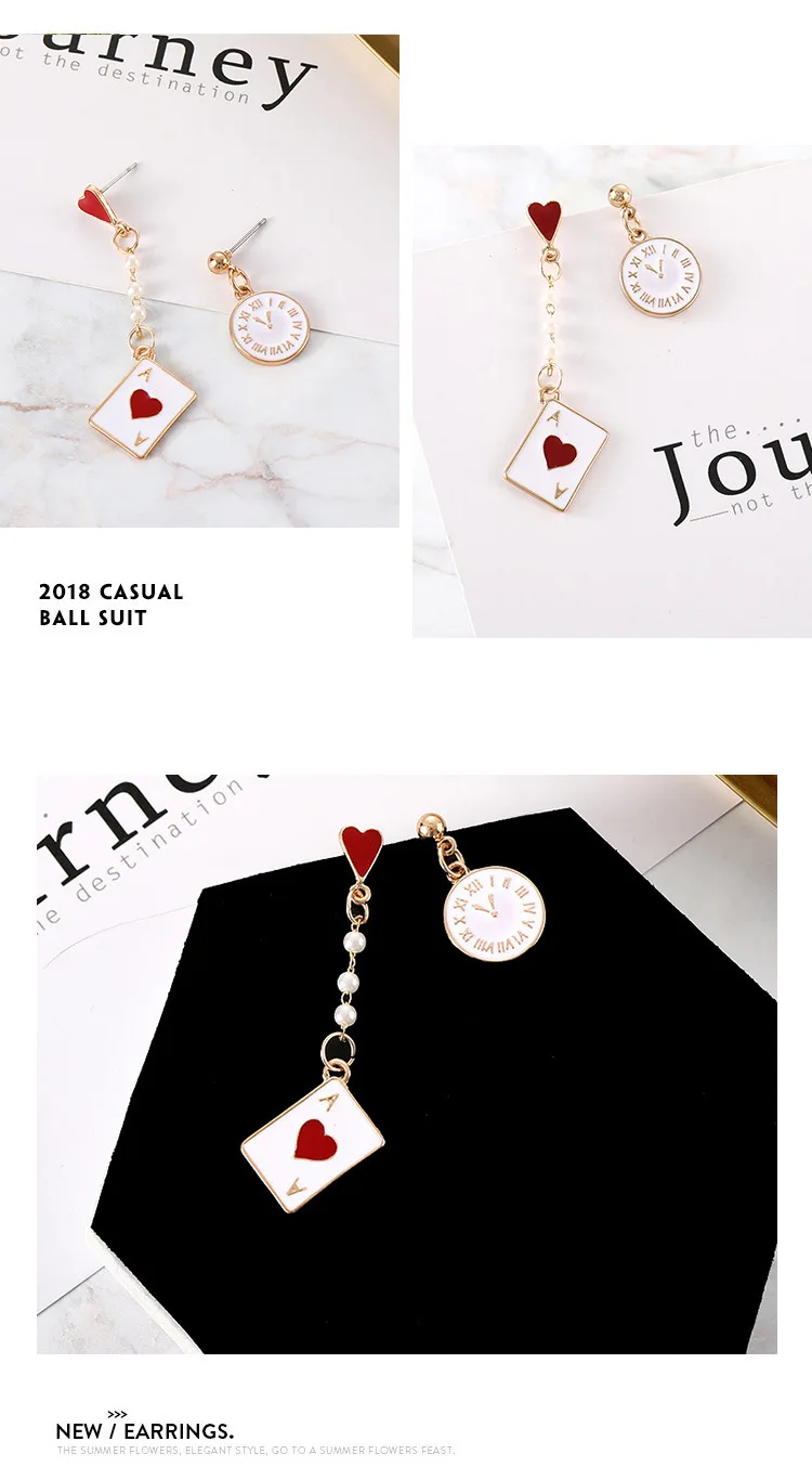 Мода корейская девушка Алиса фантазия часы покер милые серьги Асимметричный подарок на день Святого Валентина