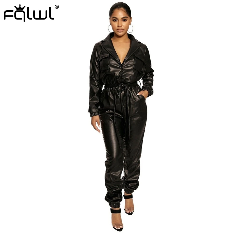 FQLWL, осенне-зимний сексуальный Облегающий комбинезон из искусственной кожи, женский черный облегающий комбинезон с поясом и длинным рукавом, женский комбинезон s