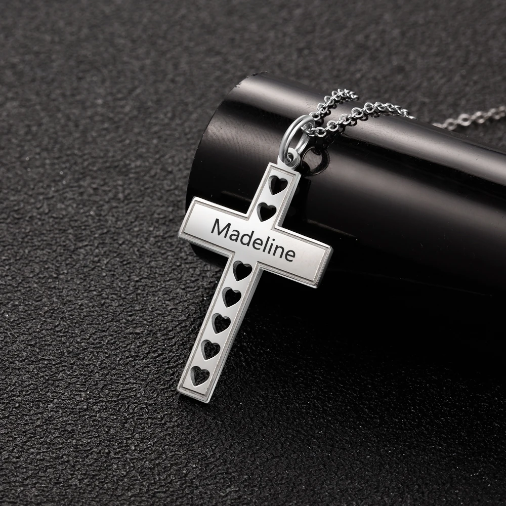 

Stainless Steel Engraved Cross Pendant Necklace With Heart Charm For Women Silver Color Custom Name Necklace Personalized Gift