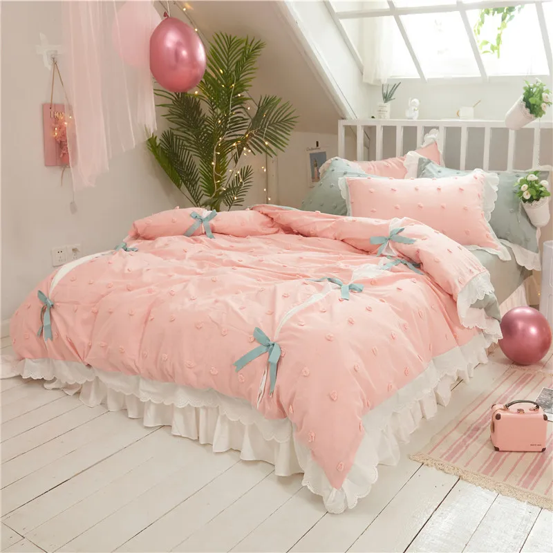 

Pure Cotton Princess Style 4 pcs Ruffles Bed Set Duvet Cover Bed Sheet Pillowcases Tie Bow Pink Ginger Green Brown Grey
