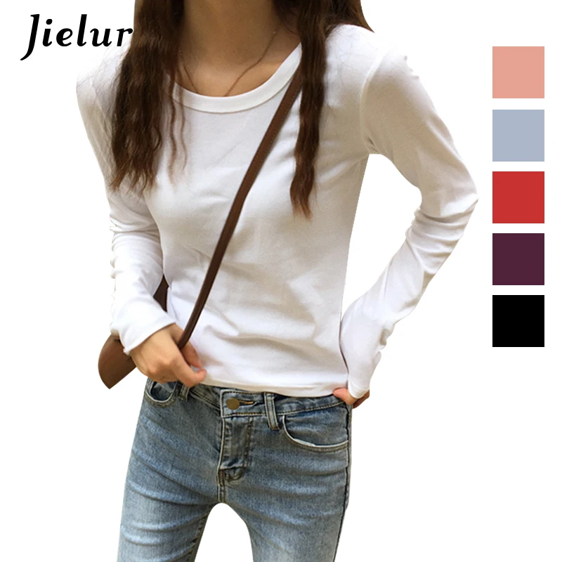 Jielur 6 Solid Color Harajuku Long Sleeve Crop Top Autumn Winter Slim Basic Tshirt Women All-match Purple Korean T Shirt Femme | Женская
