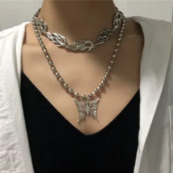 

2020 Kpop Personality Harajuku Butterfly Stainless Steel Ball Chain For Egirl Woman Men Street Necklace BFF Jewelry Accessories