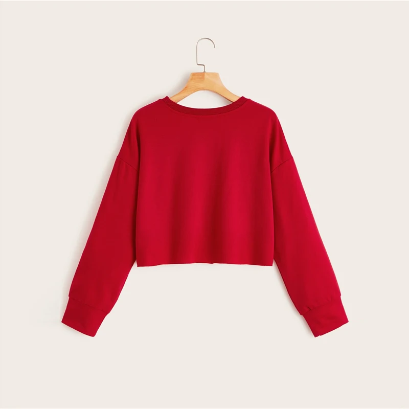 SHEIN Drop Shoulder Raw Hem Crop Sweatshirt Solid Pullover Women Summer Autumn Long Sleeve Round Neck Basic Casual Sweatshirts