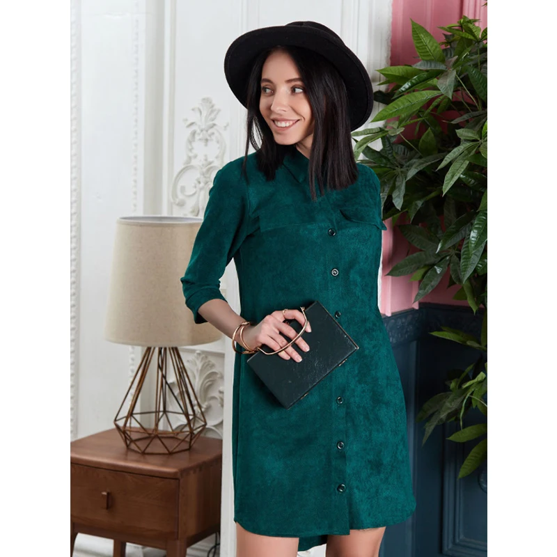 Women Autumn Winter Sexy Short Shirt Dress Lady Button Turn-Down Collar Casual Solid Dress Vintage Elegant Women Mini Dress - Цвет: green