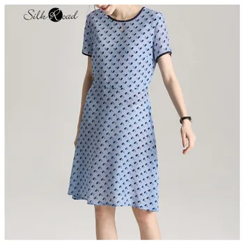

Silviye Color matching heart-shaped printed silk dress silk back zipper short sleeve A-line dress blusas mujer de moda 2020