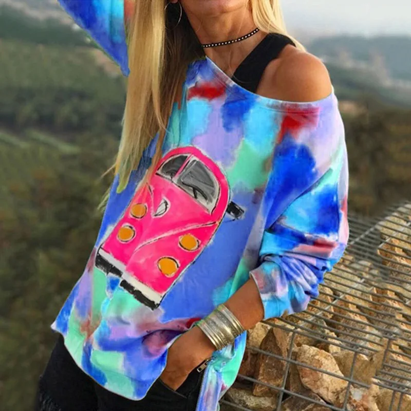 LISALA Мода Muticolor с длинным рукавом галстук краситель Футболка женская футболка Уличная Повседневная одежда 5XL