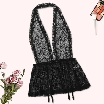 

Fashion Women Lace Deep V-neck Halter Jumpsuit Lingerie Romper Backless Bodysuit Garter disfraz sexy ropa sexy mujer erotica