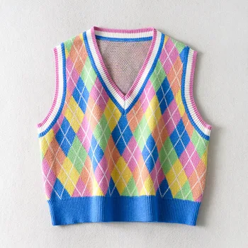 

Leosoxs vintage pink sleeveless Argyle sweater vest Loose pullover Casual Sweaters V-Neck knitted 2020 Fashion Autumn Winter new