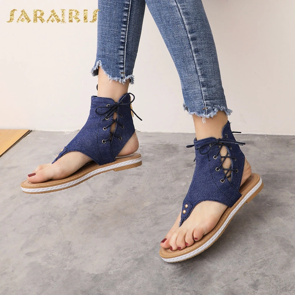

Sarairis 2020 New Fashion Denim Lace-Up Summer Sandals Woman Shoes Dropship Solid Comfortable Shoes Women Sandals Female