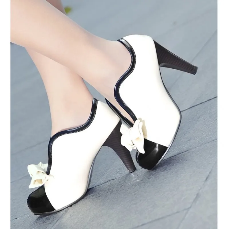 

US4-11 Chic Womens White PU Leather Block HIGH HEEL BOWTIE ANKLE BOOTS Bowknot PARTY SHOES Plus Size C303