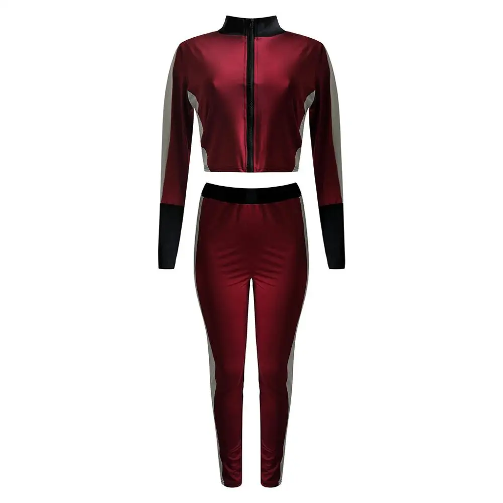 Красный Women Splice Cropped Pullover Sweatshirt and Side Striped Pants Tracksuit Sets Outdoor Long Sleeve Running Sport Suit Clothing - Цвет: Красный